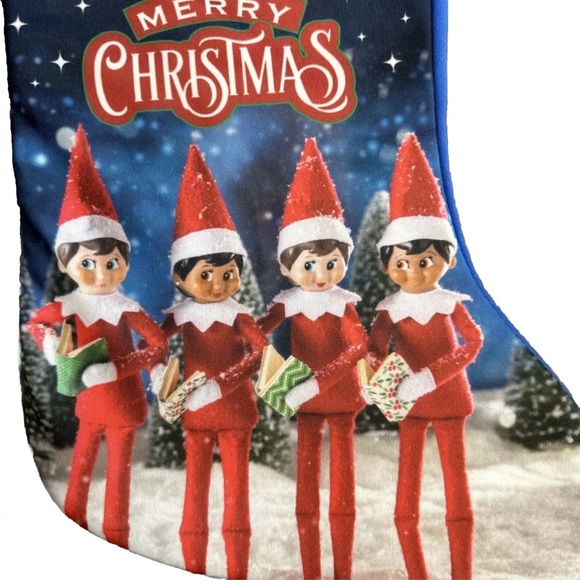 Elf On The Shelf Merry Christmas Stocking White Plush Cuff Blue Back - Picture 4 of 6